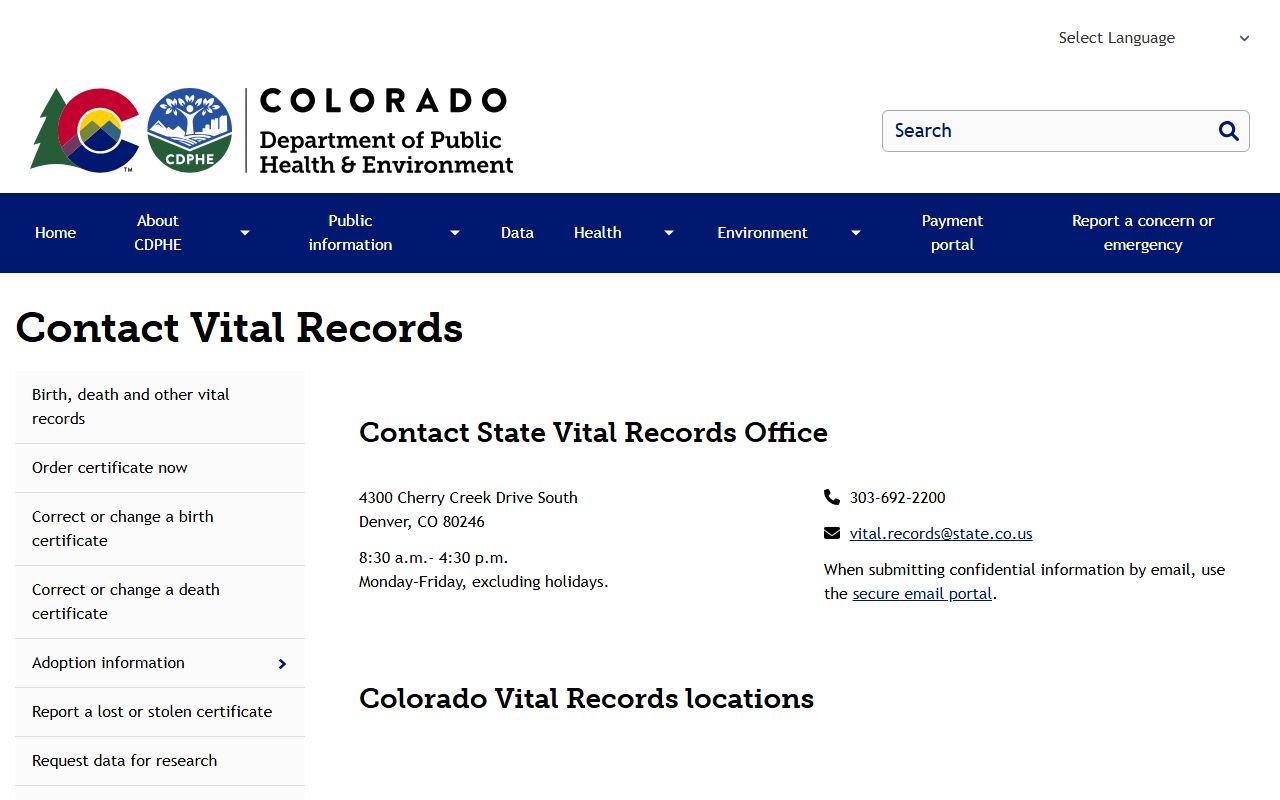 CDPHE contact information for vital records