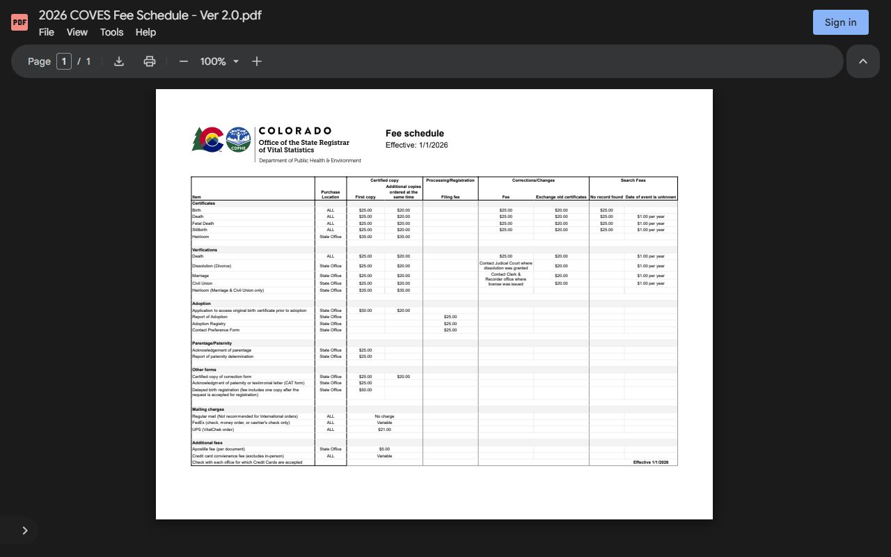 CDPHE fee schedule for vital records requests