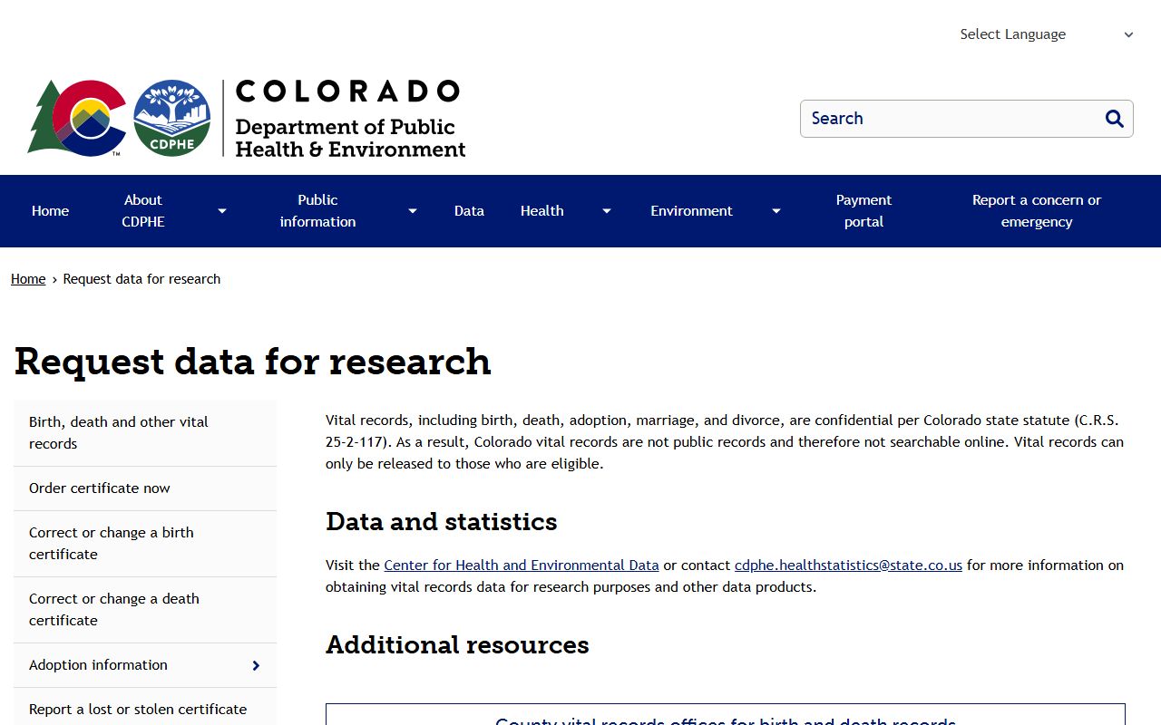 CDPHE vital records search information page
